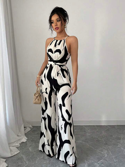 Halterneck ruched jumpsuit in multi