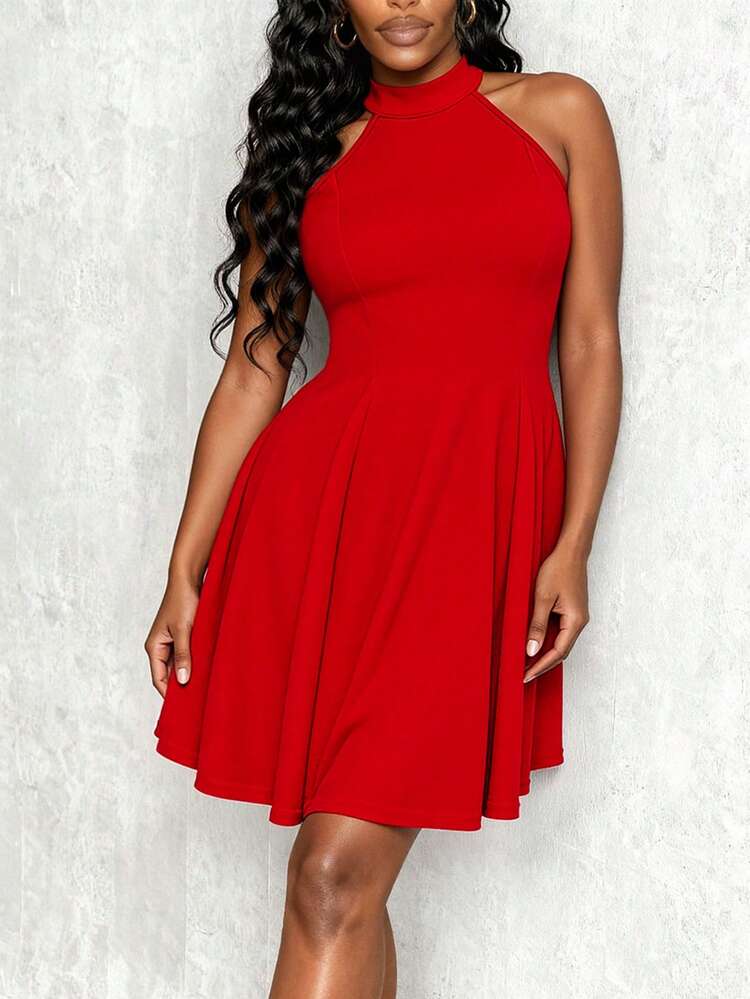 Halter neck sleeveless dress in red