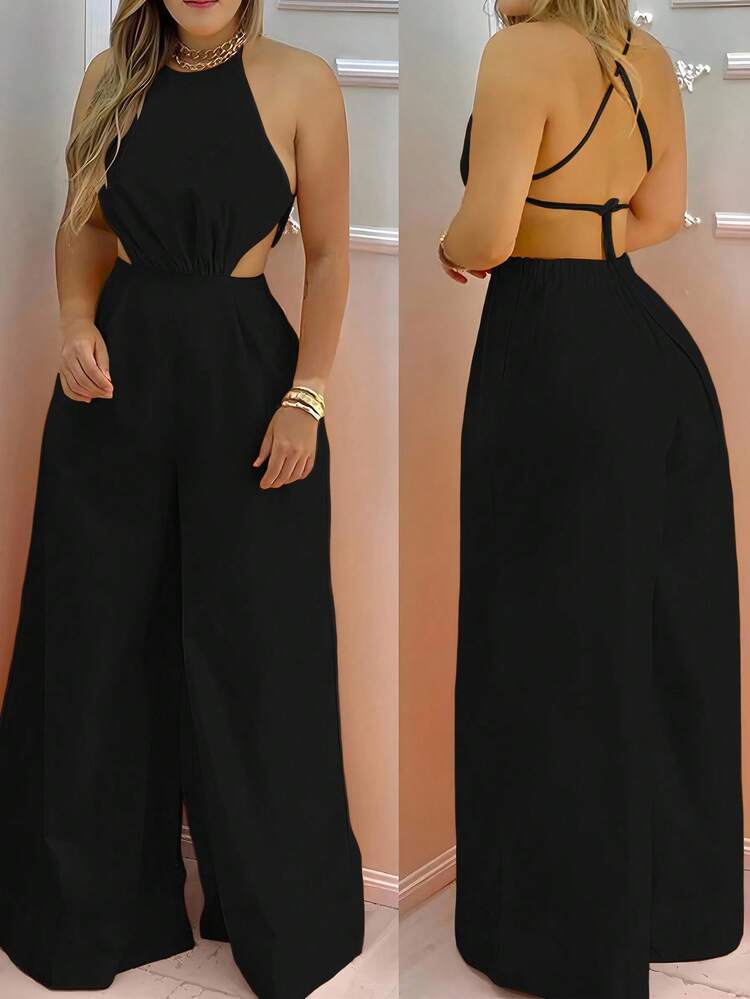 Halter strap backless straight leg jumpsuit in black
