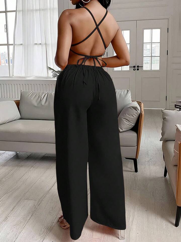 Halter strap backless straight leg jumpsuit in black