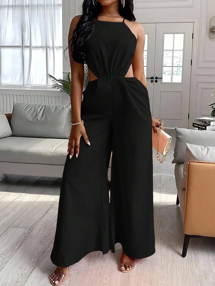 Halter strap backless straight leg jumpsuit in black
