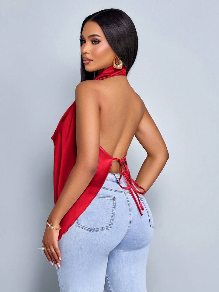 Halter straps tie back blouse in red