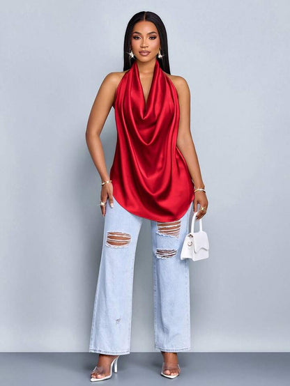 Halter straps tie back blouse in red