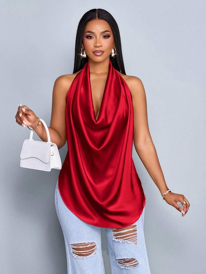 Halter straps tie back blouse in red