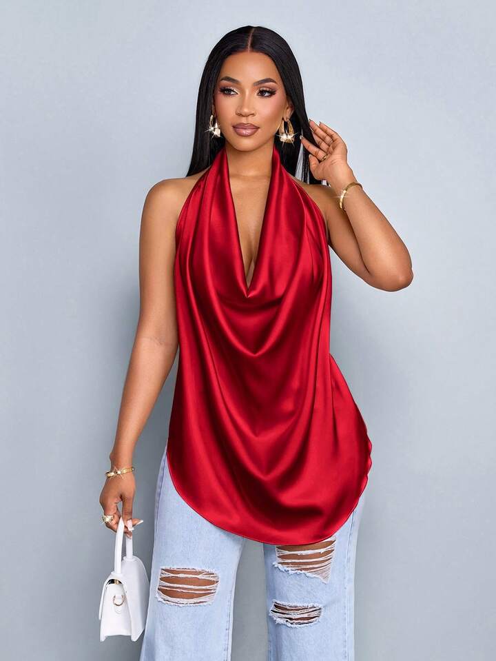 Halter straps tie back blouse in red