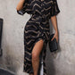 Herringbon printed belted dress in black