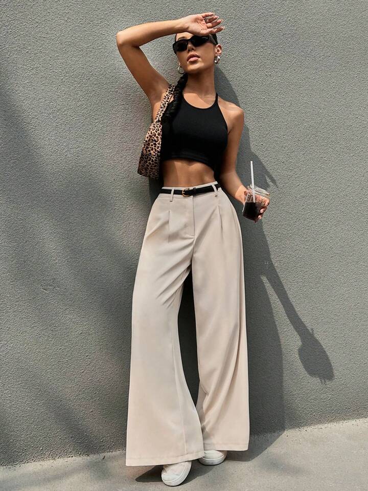 High waisted belted wide leg pants in nude