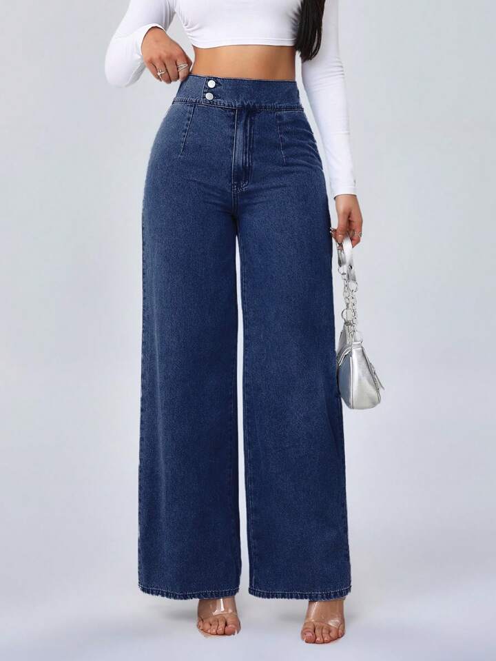 High waist loose wide leg jeans trousers in blue