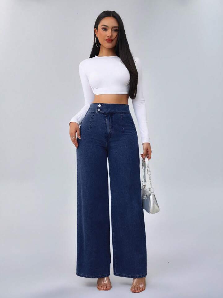 High waist loose wide leg jeans trousers in blue