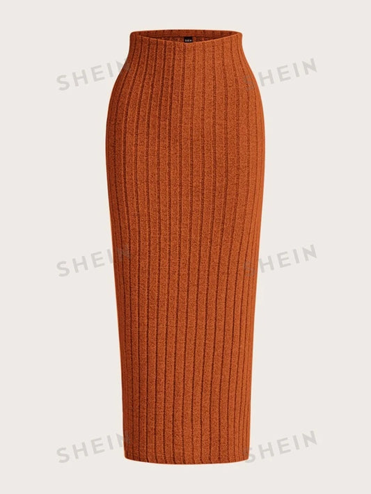 High waist ribbed knit skirt in orange