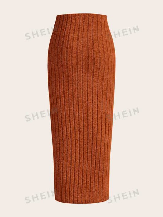 High waist ribbed knit skirt in orange