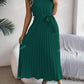 High waist sleeveless pleated dress with belt in green