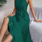 High waist sleeveless pleated dress with belt in green