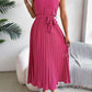 High waist sleeveless pleated dress with belt in pink