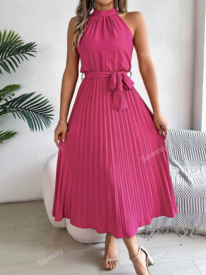 High waist sleeveless pleated dress with belt in pink