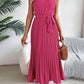 High waist sleeveless pleated dress with belt in pink