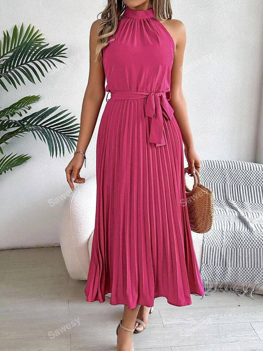 High waist sleeveless pleated dress with belt in pink