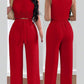 Hollow cut out tied crop top & straight leg pant set in red