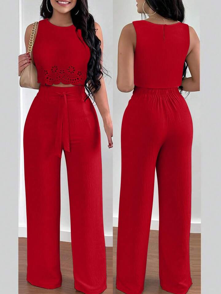 Hollow cut out tied crop top & straight leg pant set in red