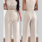 Hollow cut out tied crop top & straight leg pant set in nude