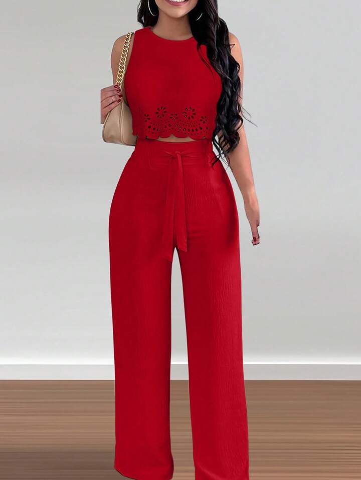Hollow cut out tied crop top & straight leg pant set in red
