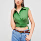 Linen-blend polo solid wrap button knotted crop top in green