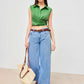 Linen-blend polo solid wrap button knotted crop top in green