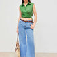 Linen-blend polo solid wrap button knotted crop top in green