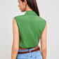 Linen-blend polo solid wrap button knotted crop top in green