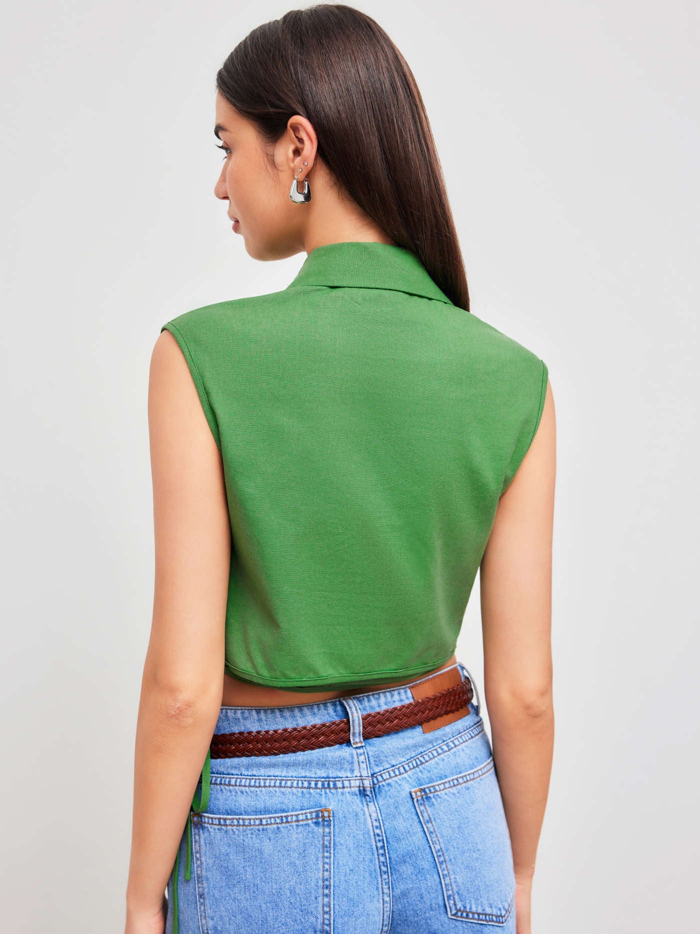 Linen-blend polo solid wrap button knotted crop top in green