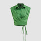 Linen-blend polo solid wrap button knotted crop top in green