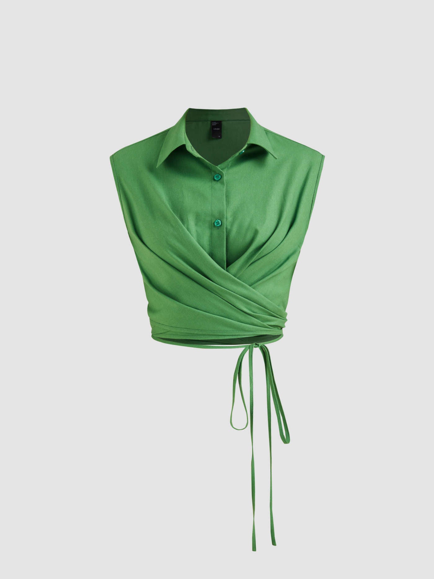 Linen-blend polo solid wrap button knotted crop top in green