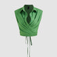 Linen-blend polo solid wrap button knotted crop top in green