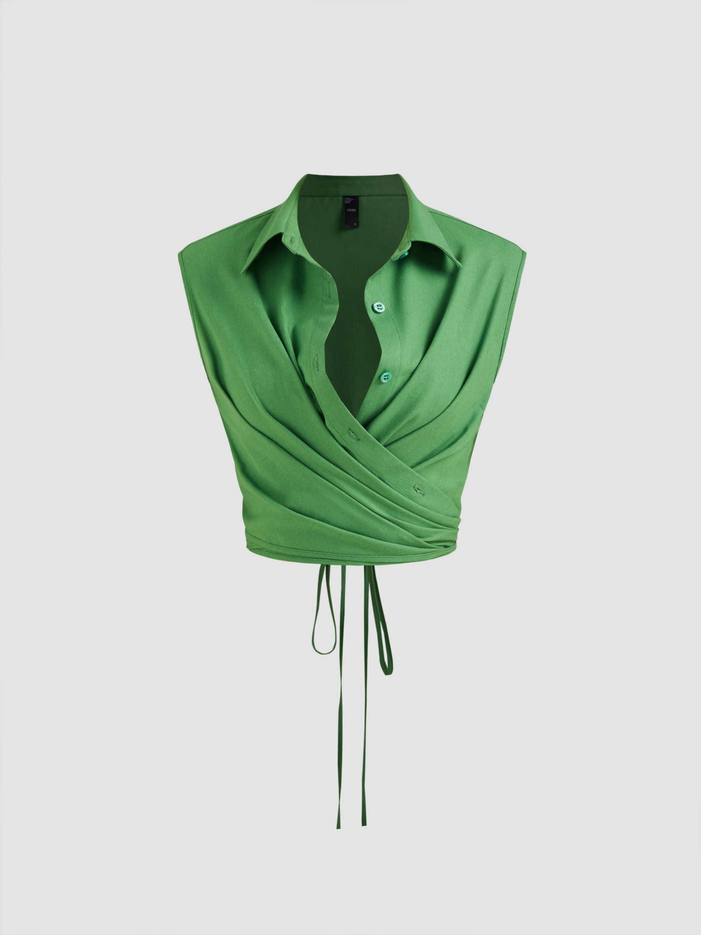 Linen-blend polo solid wrap button knotted crop top in green