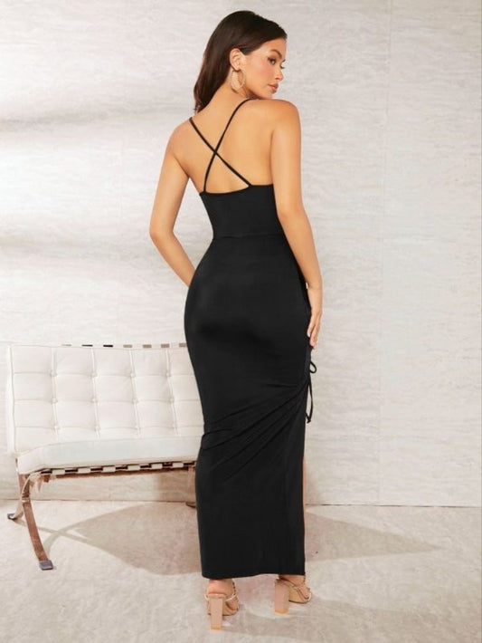 Crisscross backless drawstring front split thigh dress in black