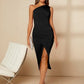 One shoulder split thigh ruched dress in black