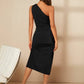 One shoulder split thigh ruched dress in black