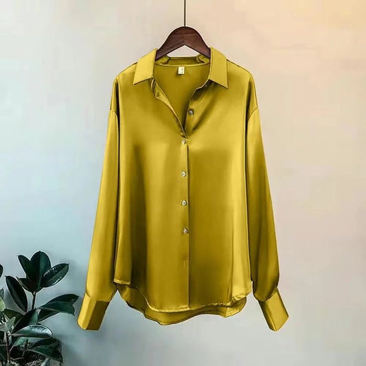 Satin button down long sleeve shirt in gold