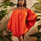 Off shoulder long sleeve elastic waist mini dress in orange