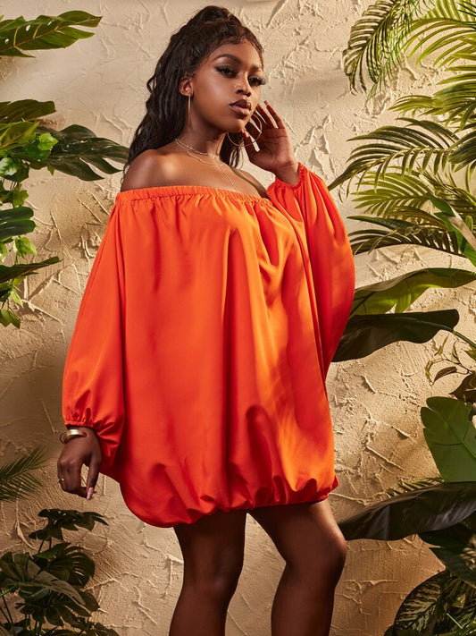 Off shoulder long sleeve elastic waist mini dress in orange