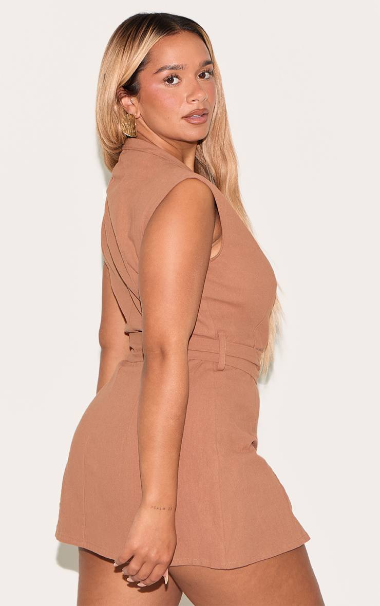 Linen look wrap front belted blazer in nude
