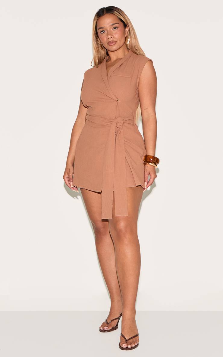 Linen look wrap front belted blazer in nude