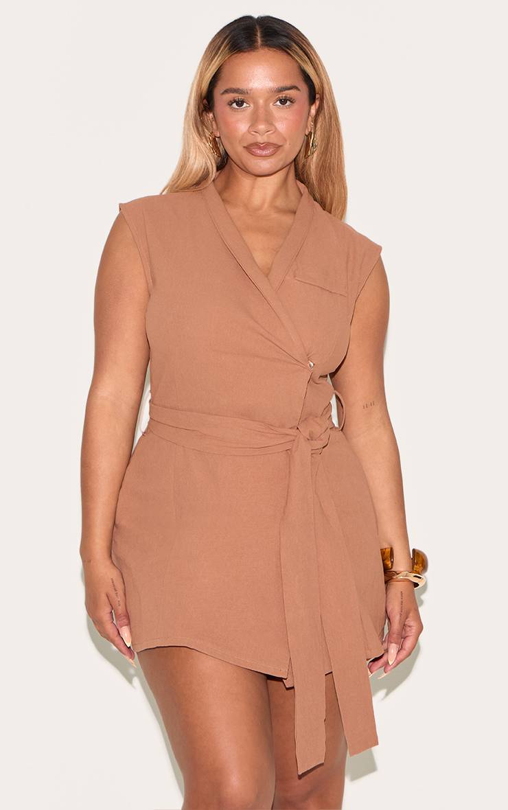 Linen look wrap front belted blazer in nude