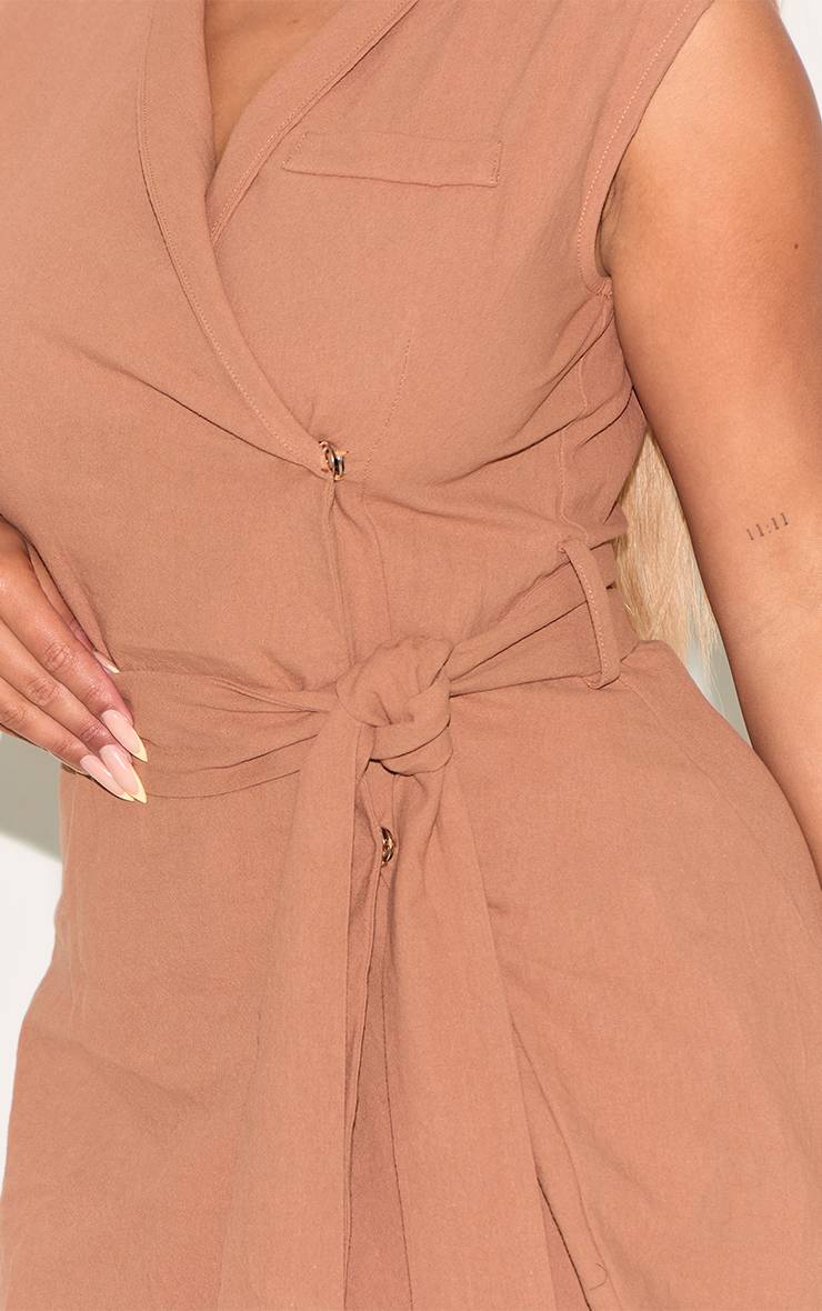 Linen look wrap front belted blazer in nude