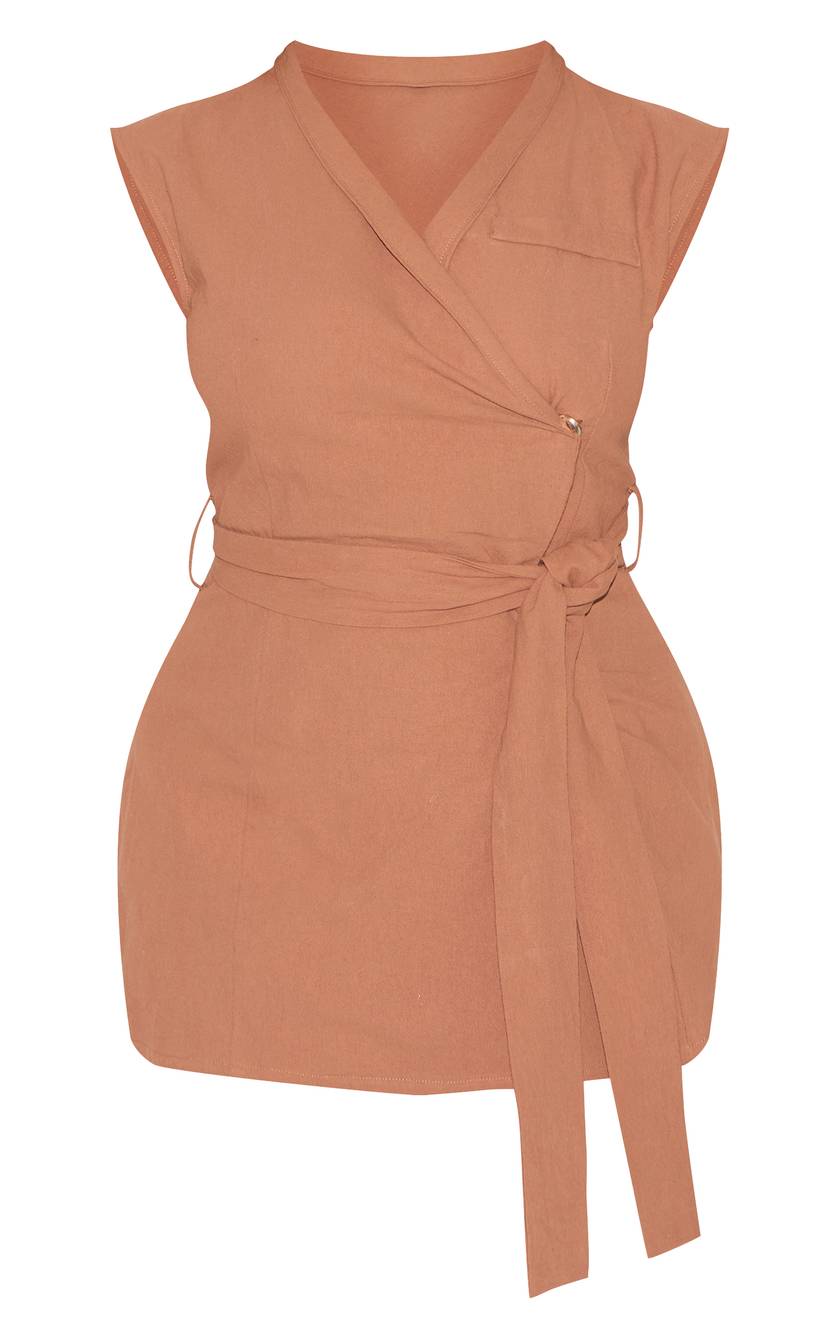 Linen look wrap front belted blazer in nude