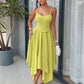 Spaghetti strap asymmetric hem tie back dress in green