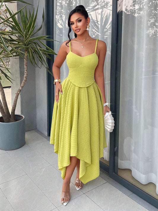 Spaghetti strap asymmetric hem tie back dress in green