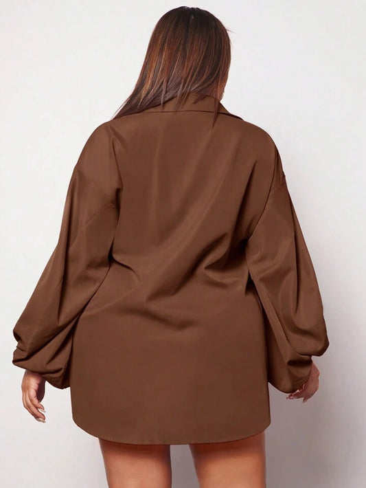 Plus lantern sleeve shirt in brown