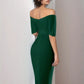 Off shoulder foldover belted bandage dress in green