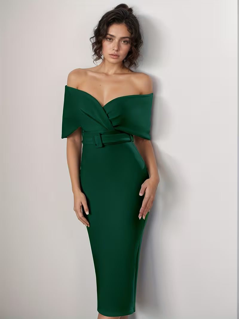 Off shoulder foldover belted bandage dress in green